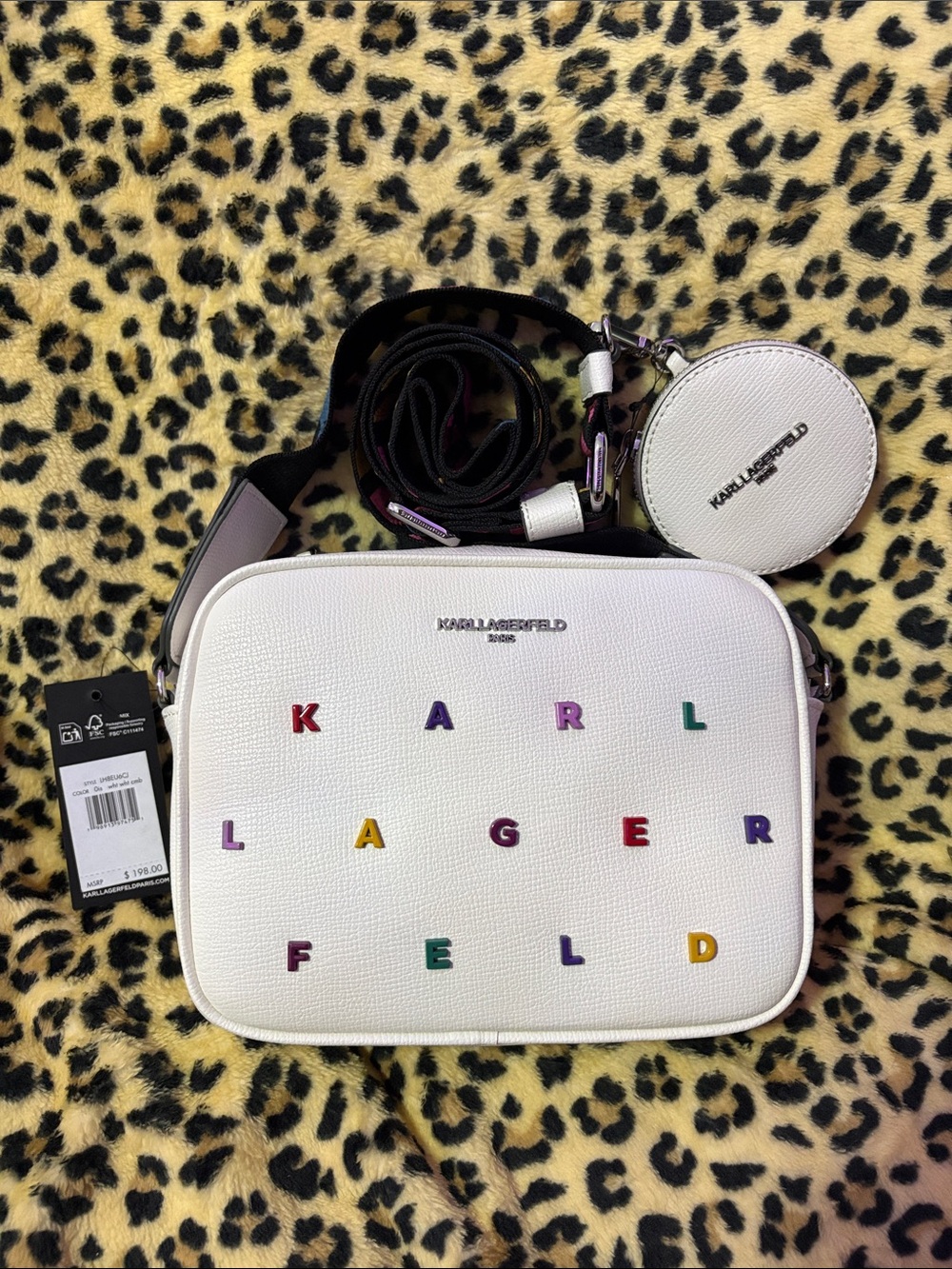 Karl Lagerfeld White Crossbody with Multicolor Letter Accents